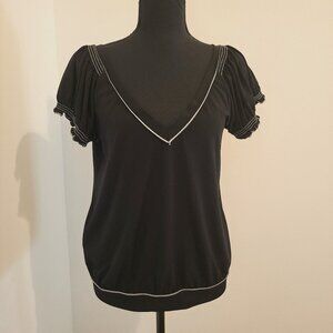 Studio M Black Blouse with White Piping, Size Large